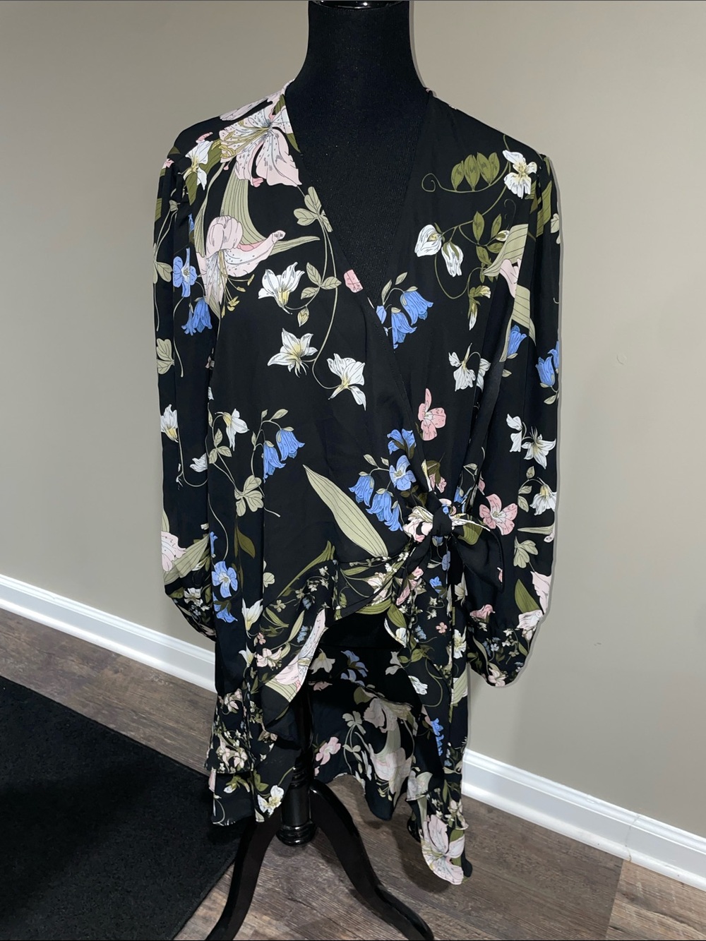 Black Floral Wrap blouse with Pink, Blue & Green Print